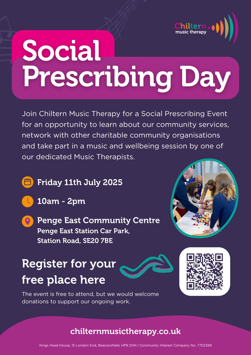 Social Prescribing Day - Friday 11th July, 10:00 - 13:00

Venue: Penge East Community Centre, 13 Station Road, London SE20 7BE

The event is free to attend, but we would welcome donations to support our ongoing work.

tickettailor.com/events/chilter…