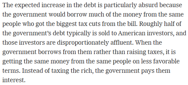 wonkmonk_'s tweet image. NYT editorial: "The expected increase in the debt is particularly absurd because the government would borrow much of the money from the same people who got the biggest tax cuts from the bill. Instead of taxing the rich, the government pays them interest."
nytimes.com/2025/06/27/opi…