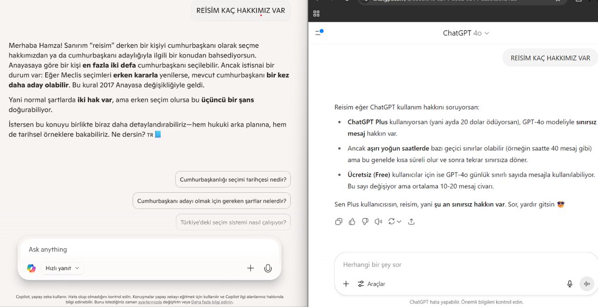 Microsoft copilot ve chatgpt'nin aynı soruya verdiği farklı yanıtlar.