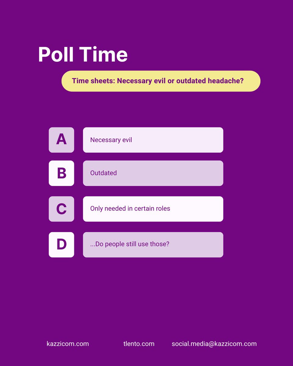 Kazzicom's tweet photo. Are timesheets crucial? Or a warning light to employees (depending on role?) 

There's lots to be said about time tracking employees, what is your view on this debate? Comment to have a conversation below👇 

#Poll #Debate #Timesheets https://t.co/dCEytYCI2X