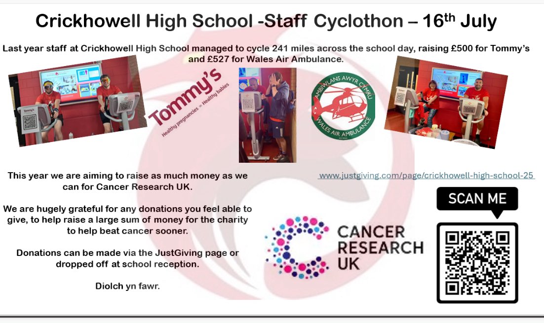 crickhowellhs's tweet image. Our Staff Cyclothon is back! π΄π΄π½ββοΈWe have a target to beat! Pob lwc pawb!
We appreciate any donations you can manage, to support these amazing charities! Diolch βΊοΈ