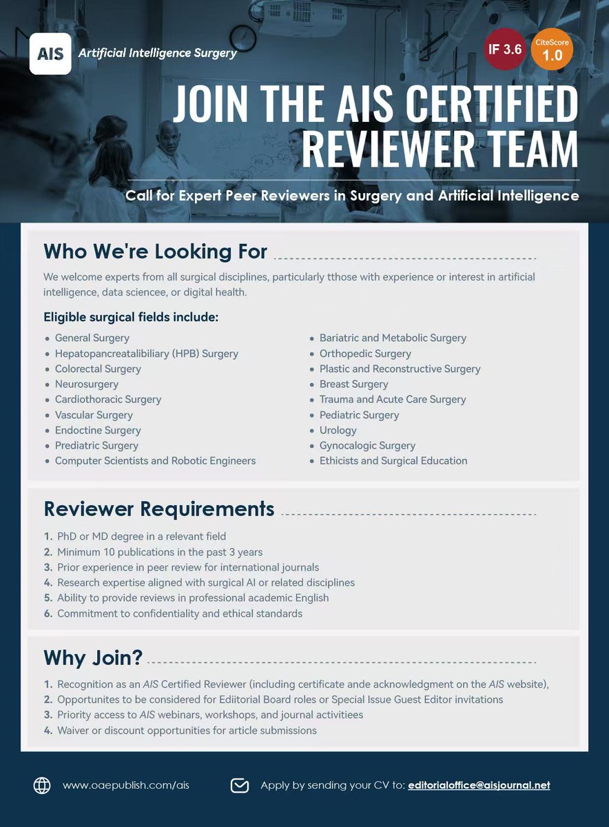 Derek O'Reilly (@derekaoreilly) on Twitter photo A great opportunity for young doctors to join the "Artificial Intelligence Surgery" Journal community. <a href="/surgery_ai/">Artificial Intelligence Surgery</a> #artificial_intelligence #surgery #AI A great opportunity for young doctors to join the "Artificial Intelligence Surgery" Journal community. <a href="/surgery_ai/">Artificial Intelligence Surgery</a> #artificial_intelligence #surgery #AI
