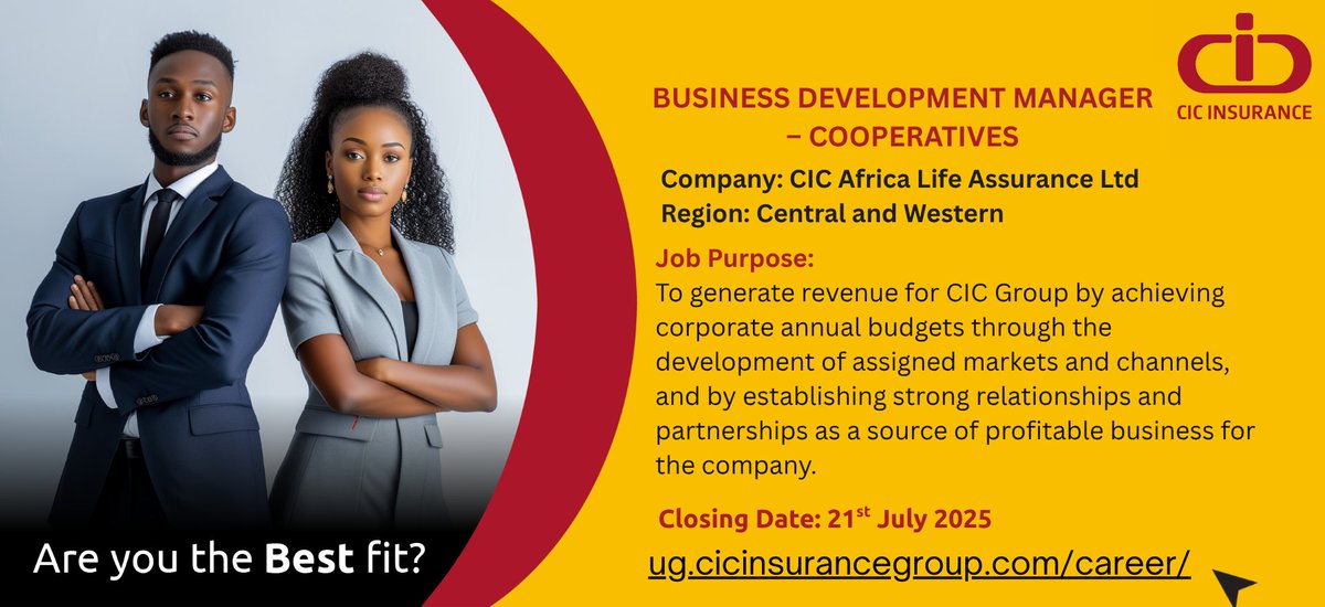 We're hiring a Business Development Manager - Cooperatives 

For more details about the job, visit - ug.cicinsurancegroup.com/job/business-d…

📌 How to Apply:
📧 Send your application, CV, and copies of your professional and academic certificates as a single document to