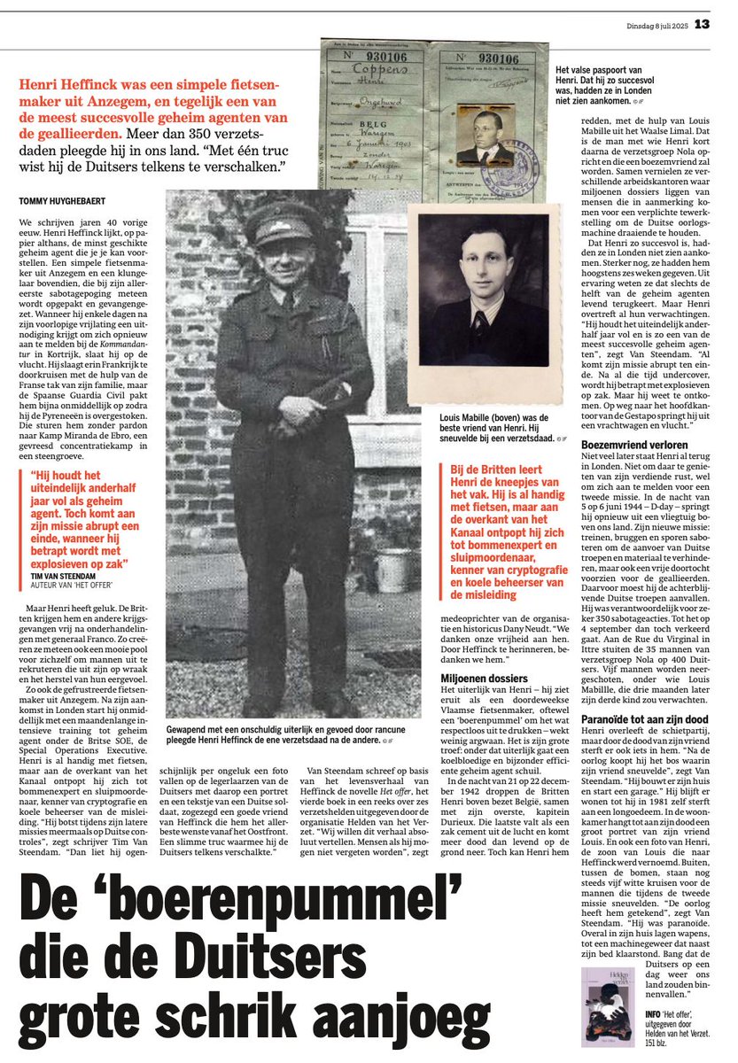 danyneudt's tweet image. Sla vandaag Het Nieuwsblad open: op p.12 een reportage over Pommelien Thijs, op p.13 over verzetsheld Henri Heffinck – hoofdpersonage van onze verzetsnovelle ‘Het Offer’. Nu bij Standaard Boekhandel of online: standaardboekhandel.be/p/het-offer-97…
