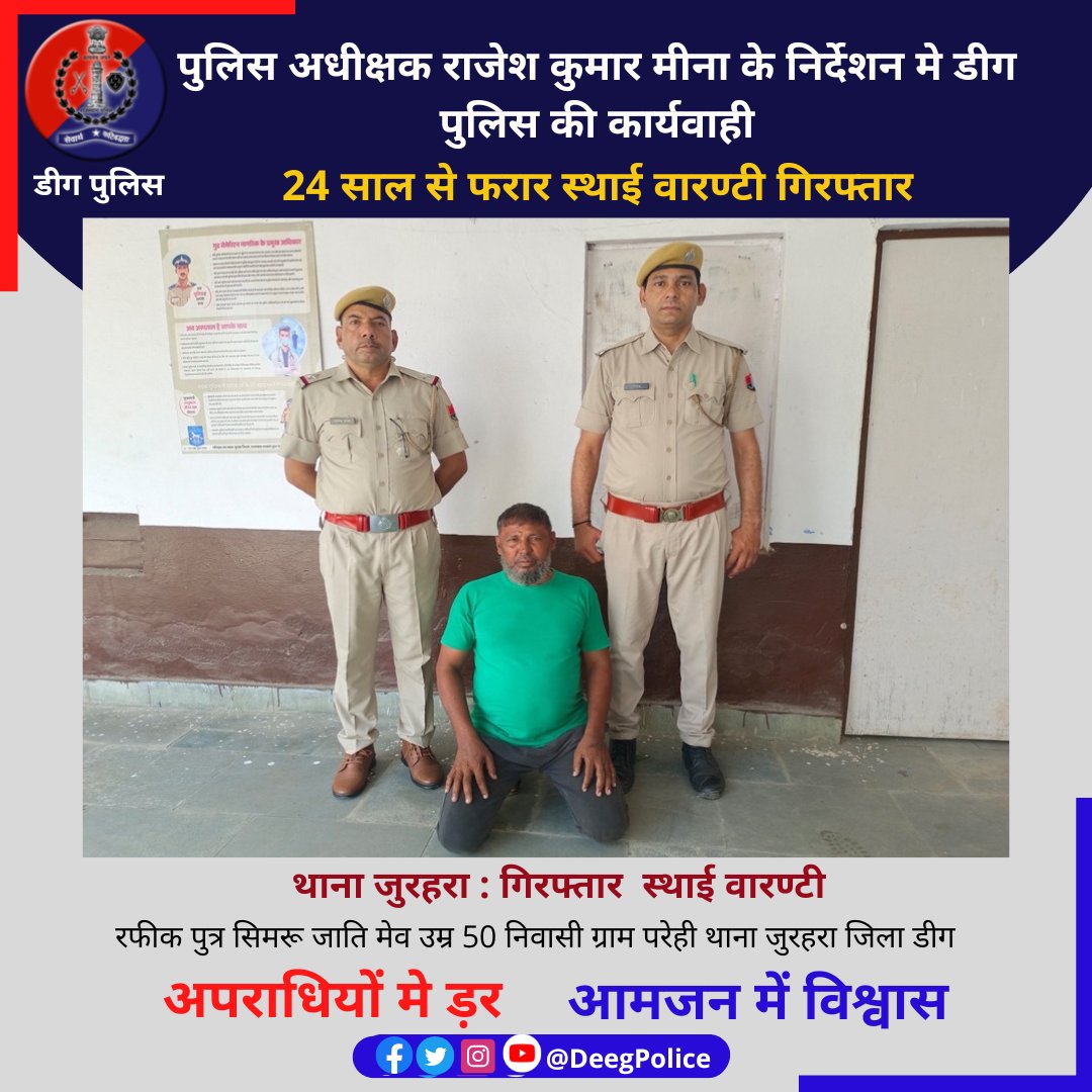 Deeg Police (@deegpolice) on Twitter photo पुलिस अधीक्षक राजेश कुमार मीना के निर्देशन मे #डीग पुलिस की कार्यवाही
24 साल से फरार #स्थाई_वारण्टी गिरफ्तार
<a href="/PoliceRajasthan/">Rajasthan Police</a>
<a href="/RajCMO/">CMO Rajasthan</a> पुलिस अधीक्षक राजेश कुमार मीना के निर्देशन मे #डीग पुलिस की कार्यवाही
24 साल से फरार #स्थाई_वारण्टी गिरफ्तार
<a href="/PoliceRajasthan/">Rajasthan Police</a>
<a href="/RajCMO/">CMO Rajasthan</a>