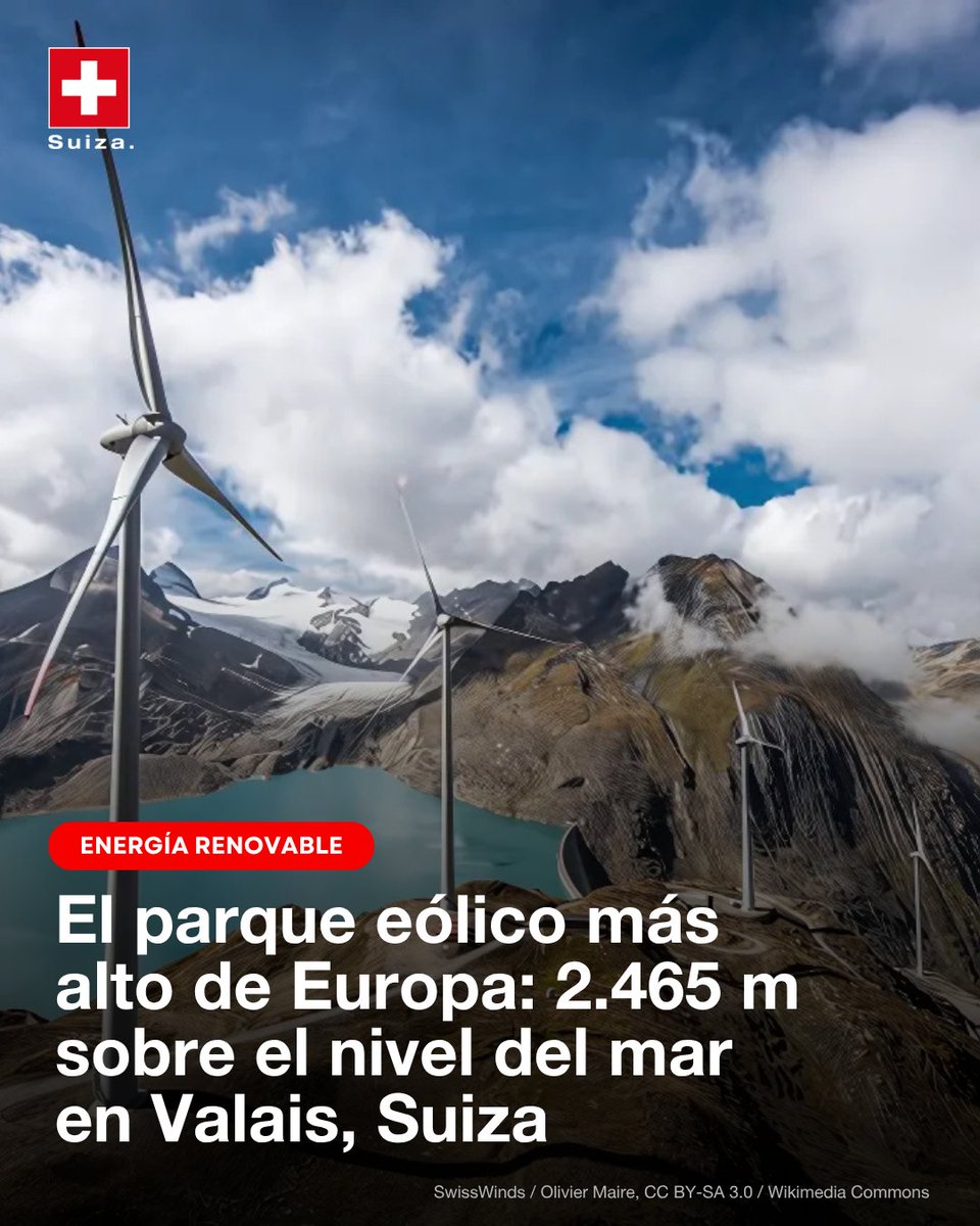 🇨🇭 El parque eólico más alto de Europa se encuentra a 2465m sobre el nivel del mar en Suiza. 🏔️⚡

Ubicada entre los pasos de Gries y Nufenen (Valais), el parque eólico de Gries cuenta con 4 turbinas que producen hasta 10 GWh al año, suficiente para abastecer a 2.850 hogares.