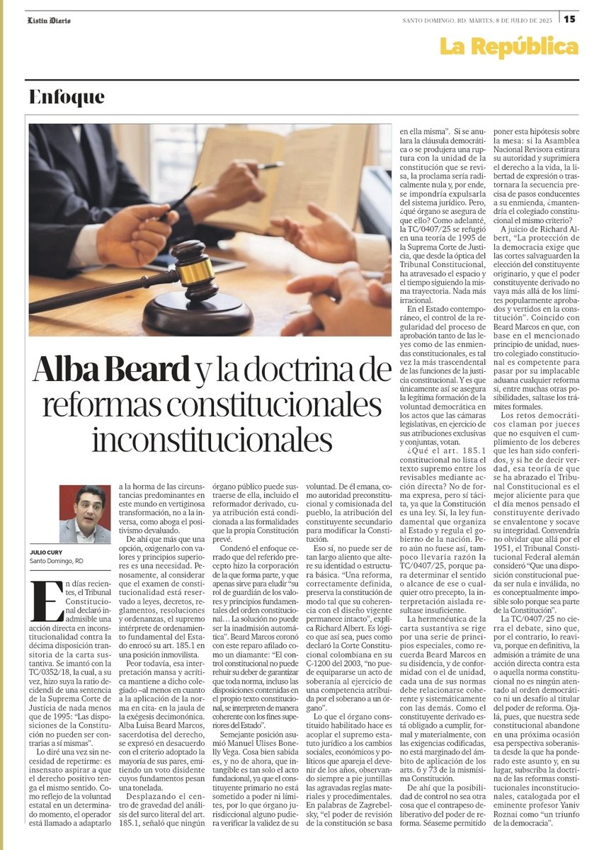 ¿Es admisible la acción directa en inconstitucionalidad contra una reforma constitucional? Movido por el voto disidente de la magistrada <a href="/BeardalbaBeard/">Alba Beard.</a>, ofrezco mi opinión en este artículo que publica hoy el <a href="/ListinDiario/">LISTÍN DIARIO</a>.