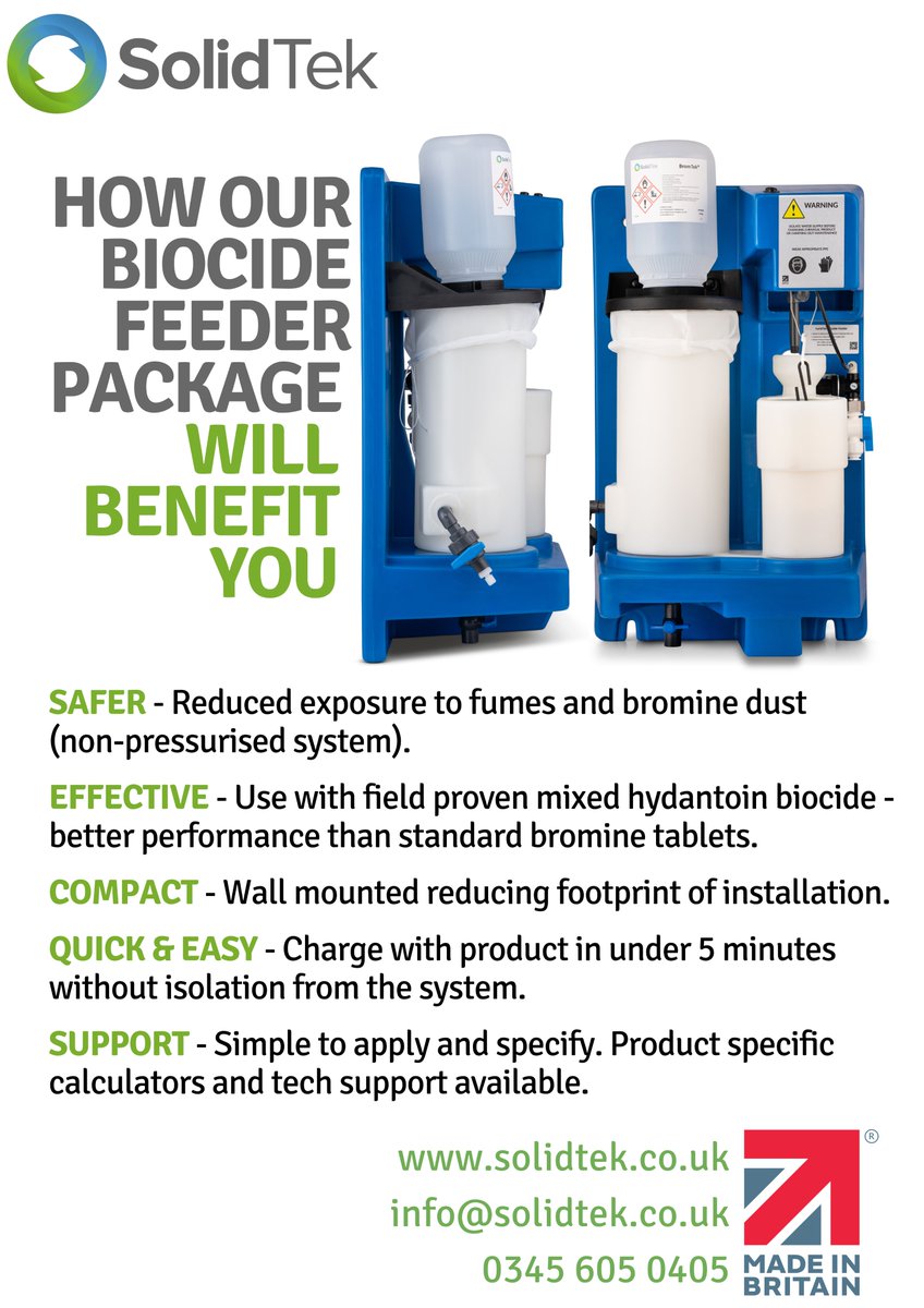 See how our Biocide Feeder together with SolidTek’s SOLID bromine biocide (BromTek) could benefit you:

The Biocide Feeder Package from SolidTek®:
✅EASIER
✅SAFER
✅Offers a host of TECHNICAL ADVANTAGES

info@solidtek.co.uk
#brominators #innovation #biocides #bromtek
