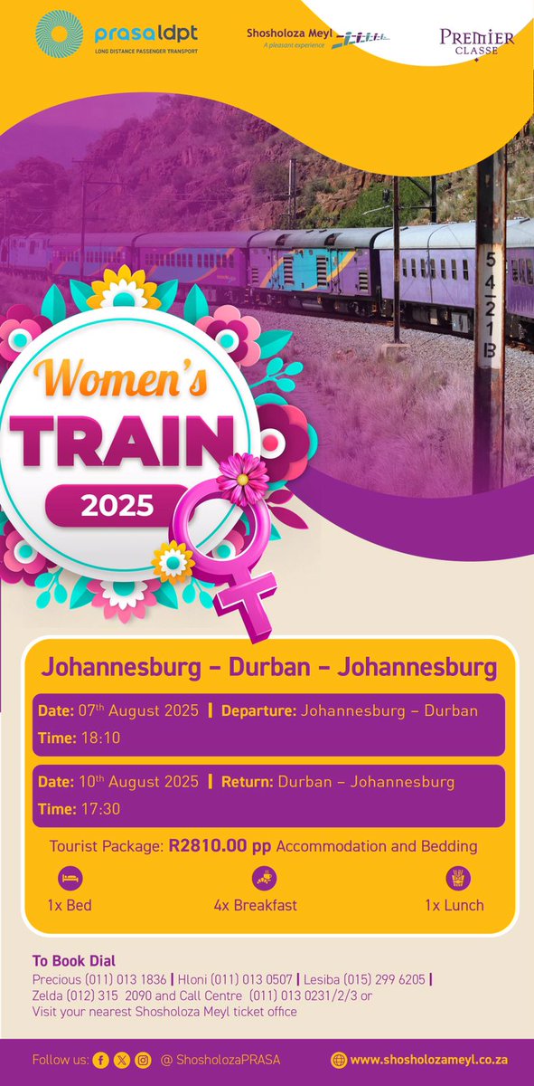 ShosholozaPRASA's tweet photo. Tickets for the Women's Month train are still available! Bring your friends and join us on this special journey to Durban in celebration of Women's Month. 🧳💃🕺

Tag your crew—Let's go!

#WomensMonthCelebration2025 #WomensTrain2025 #BookNow #TrainExperience https://t.co/wpvb4JGDh6