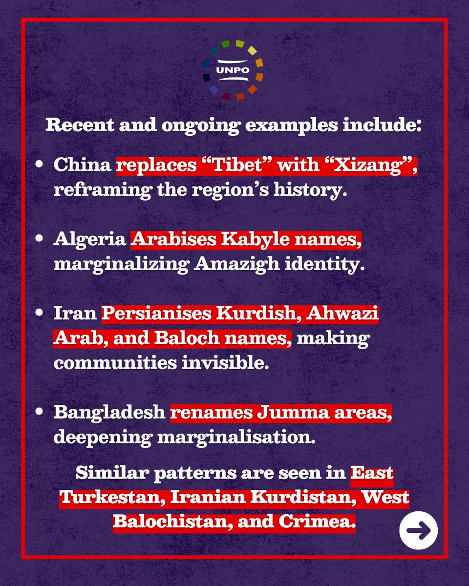 UNPOintl's tweet photo. For many Unrepresented Nations and Peoples, place names are not just geography, they carry history, identity, and belonging. 

Read the full article here: https://t.co/gCW6so3CYf

#ToponymicErasure #RightToName #UNPO #SelfDetermination https://t.co/Od10dKoroR