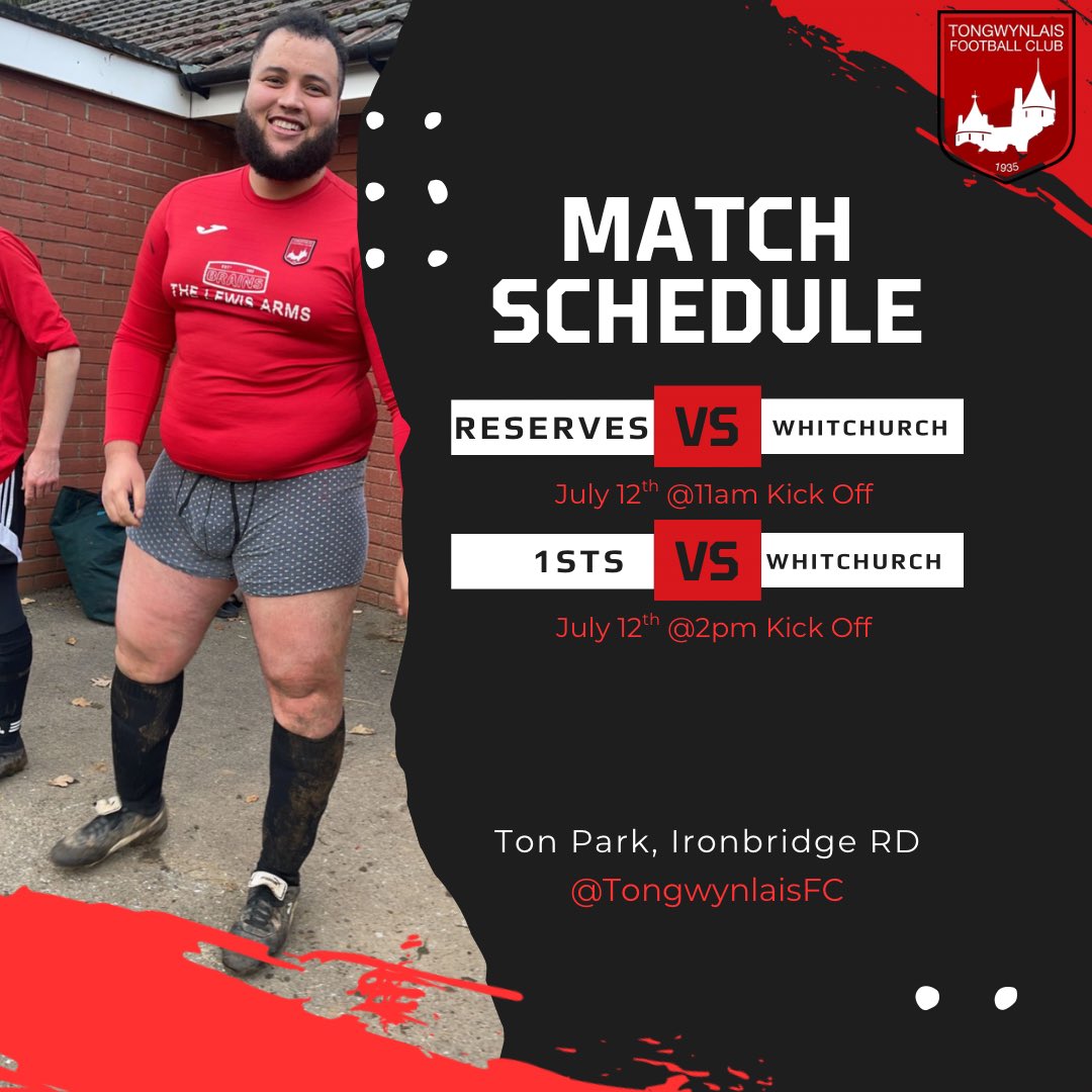 Tongwynlais Football Club (@tongwynlaisfc) on Twitter photo Preseason continues this Saturday as we welcome <a href="/AFCWhitchurch/">AFC Whitchurch</a> to Iron Bridge Rd
With a double header ๐ดโซ๏ธ
Still welcoming new players with training running every Wednesday at Iron Bridge Rd
6-8pm Preseason continues this Saturday as we welcome <a href="/AFCWhitchurch/">AFC Whitchurch</a> to Iron Bridge Rd
With a double header ๐ดโซ๏ธ
Still welcoming new players with training running every Wednesday at Iron Bridge Rd
6-8pm