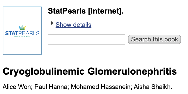 Mohamed H. Hassanein | محمد هشام حسنين 🇪🇬 (@kidneymo) on Twitter photo 4. Cryoglobulinemic Glomerulonephritis
Dr. Alicia Won <a href="/MSK_Neph/">Memorial Sloan Kettering Nephrology</a> , <a href="/PaulHannaMD/">Paul E. Hanna, MD MSc</a> <a href="/MCW_Nephrology/">MCW Nephrology</a> <a href="/aishaikh/">Aisha Shaikh</a>
<a href="/StatPearls1/">StatPearls.com</a>
Link: 🔗
ncbi.nlm.nih.gov/books/NBK61327… 4. Cryoglobulinemic Glomerulonephritis
Dr. Alicia Won <a href="/MSK_Neph/">Memorial Sloan Kettering Nephrology</a> , <a href="/PaulHannaMD/">Paul E. Hanna, MD MSc</a> <a href="/MCW_Nephrology/">MCW Nephrology</a> <a href="/aishaikh/">Aisha Shaikh</a>
<a href="/StatPearls1/">StatPearls.com</a>
Link: 🔗
ncbi.nlm.nih.gov/books/NBK61327…