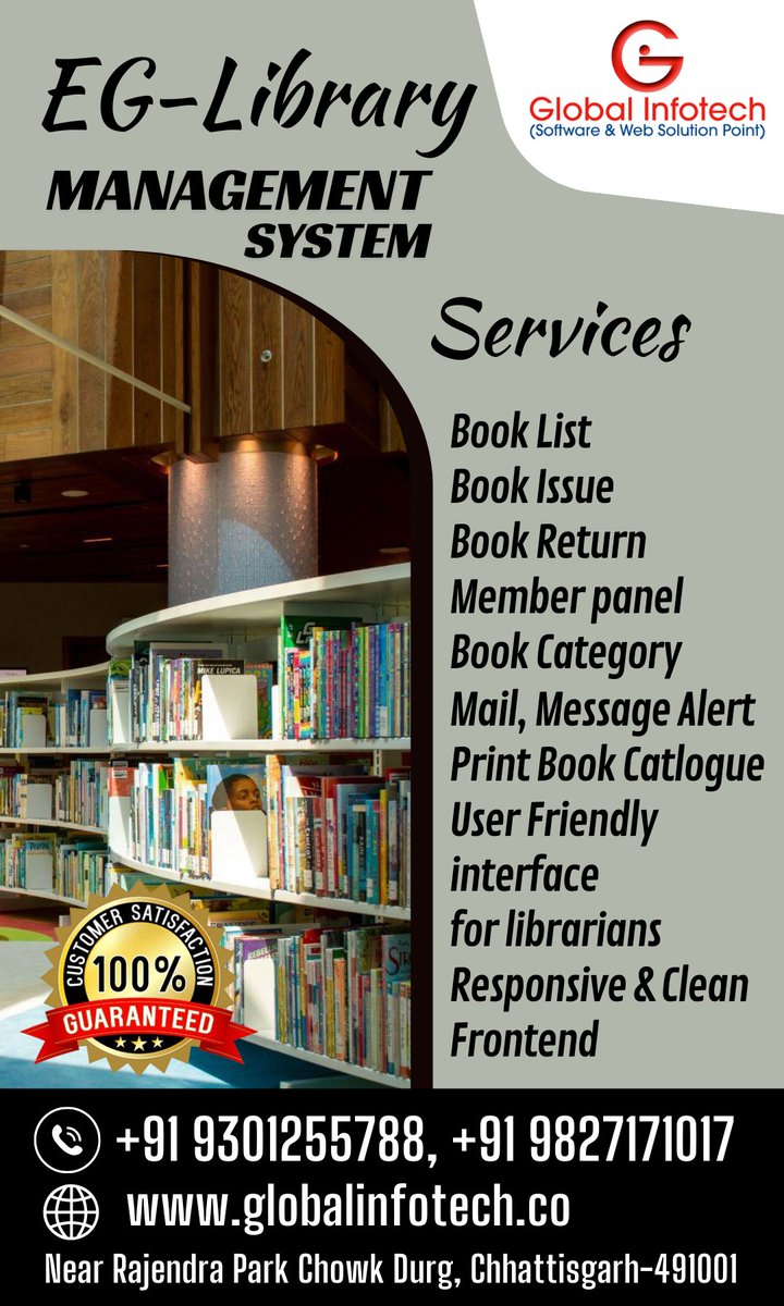 globalinfodurg's tweet image. 📚 Smart Library System Now in Bemetara!
✅ Book Issue/Return
✅ Member Management
✅ Fine Tracking
✅ Barcode & Reports
📍 Available in Bemetara – Trusted by top institutes!
🌐Learn More: globalinfotech.co/library-manage…
📞 9827171017 | 9301255788
#BemetaraLibrary #LibrarySoftware