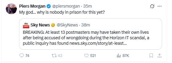 HarryHarryshud's tweet image. Piers Morgan asking why the rich &amp;amp; powerful aren't in prison over the postmaster fiasco, while the normal every day working class are tossed in prison for smaller scale crimes.

Piers defends the rich, greed, the powerful &amp;amp; established.
What a grifter. 

#PiersMorgan #Postmaster