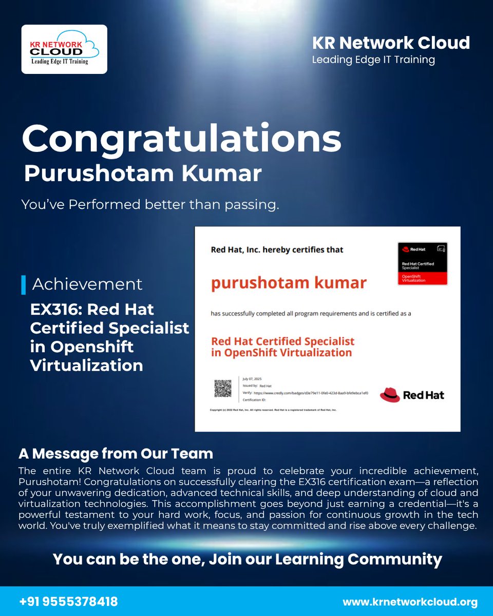 KRNetworkCloud1's tweet image. 🎉 𝐂𝐡𝐞𝐞𝐫𝐬 𝐭𝐨 𝐏𝐮𝐫𝐮𝐬𝐡𝐨𝐭𝐭𝐚𝐦 𝐟𝐨𝐫 𝐂𝐫𝐚𝐜𝐤𝐢𝐧𝐠 𝐭𝐡𝐞 𝐄𝐗𝟑𝟏𝟔 𝐎𝐩𝐞𝐧𝐒𝐡𝐢𝐟𝐭 𝐕𝐢𝐫𝐭𝐮𝐚𝐥𝐢𝐳𝐚𝐭𝐢𝐨𝐧 𝐄𝐱𝐚𝐦! 🎉
#EX316 #OpenShiftVirtualization #RedHatCertified #HybridCloud #KRNetworkCloud #TechLeadership #FutureOfIT #VirtualizationExpert