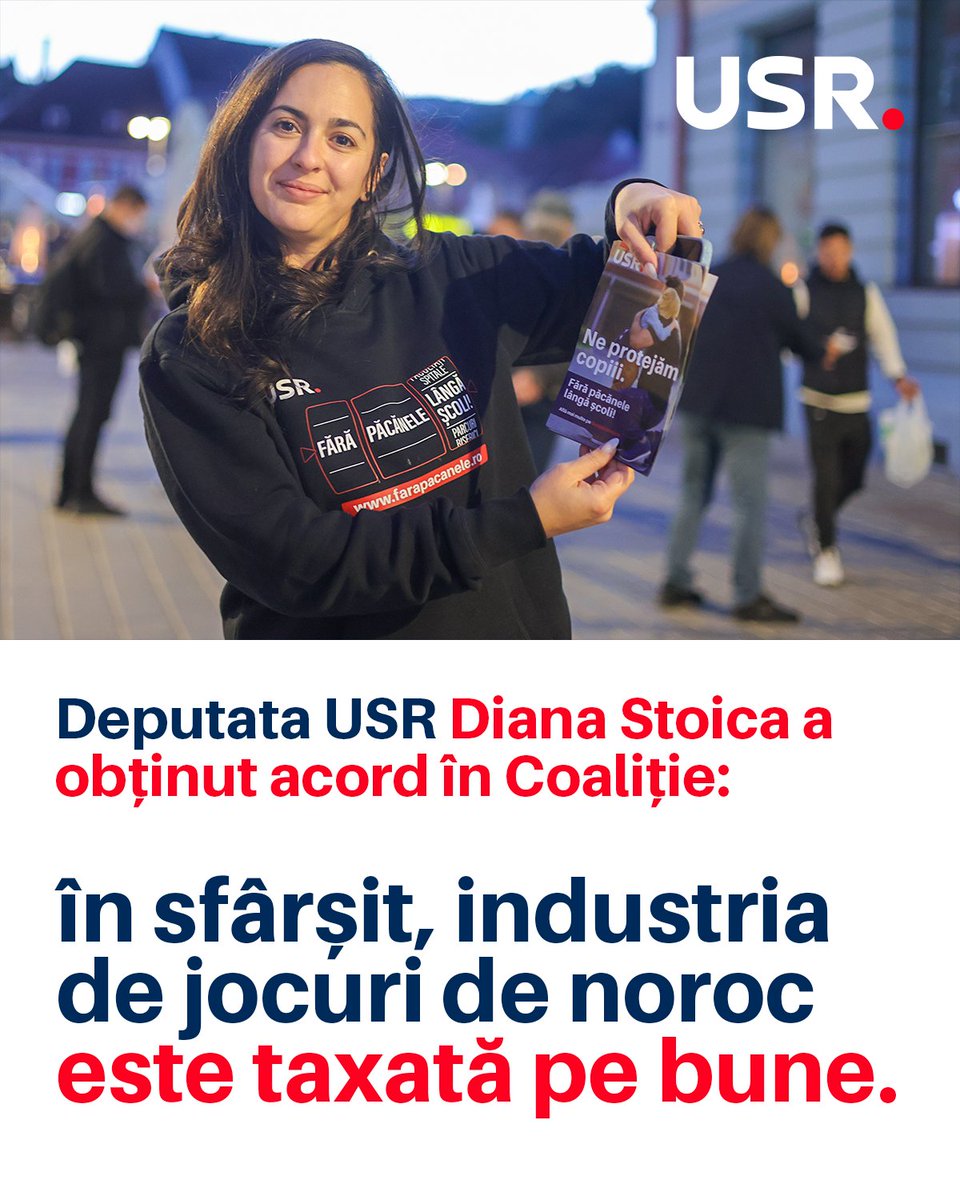 📢 Coaliția de guvernare a corectat o mare nedreptate la propunerea Dianei Stoica, deputata USR care a militat neîncetat în ultimii ani pentru a proteja românii de flagelul jocurilor de noroc.

Ieri, Guvernul Bolojan și-a asumat taxarea corectă a acestui viciu. Cresc la 30%