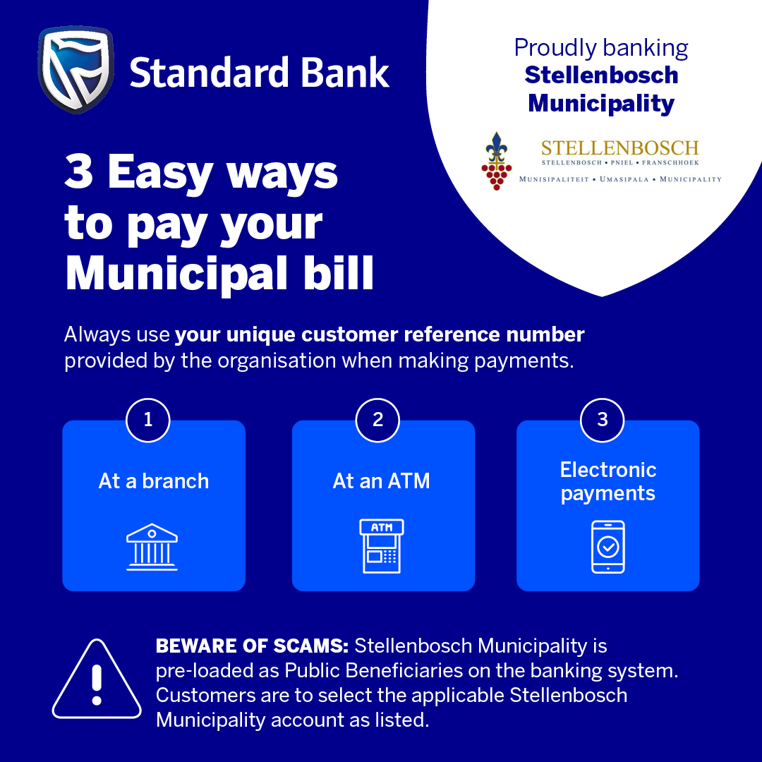 StellMun's tweet image. NEW BANKING DETAILS
Pay your Stellenbosch Municipal bill easily via Standard Bank.
3 simple ways:
🏦 At a branch
🏧 At an ATM
📱 Electronic payments
Use your unique customer reference number & beware of scams.
🔗 More details: stellenbosch.gov.za/download/new-b…