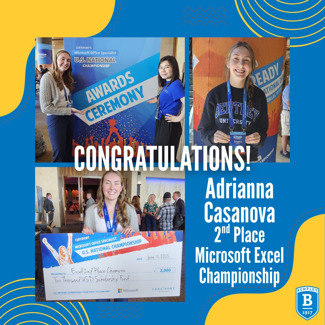 Congrats to Bentley University's Adrianna Casanova for placing 2nd in the 2025 U.S. Excel Championship! After winning MA’s qualifier, she competed in Dallas and earned a $2000 scholarship. “We’re tremendously proud of Adrianna,” said AC215 Prof. Eric Gaynor. #bentleyu #accounting