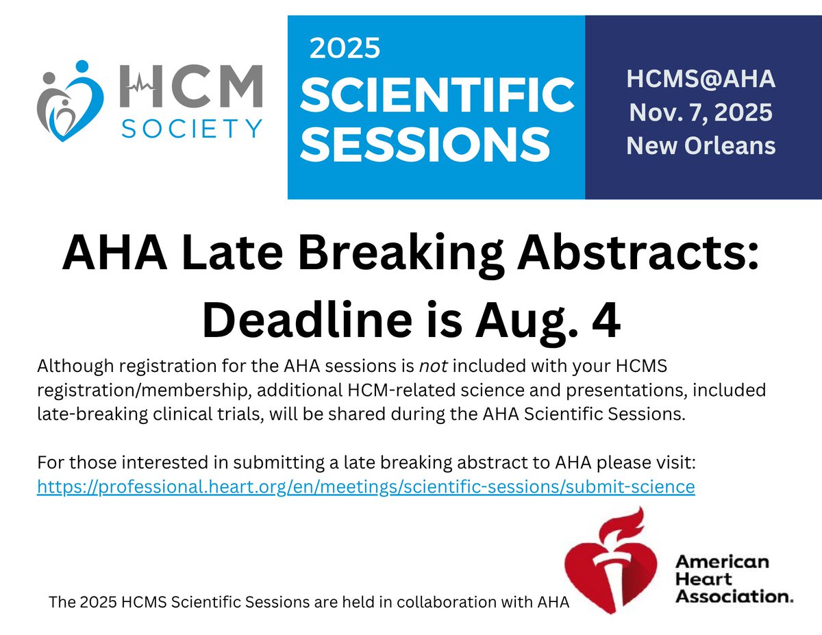 Hypertrophic Cardiomyopathy Medical Society (@hcmsociety) on Twitter photo Do you have a late-breaking abstract for our HCMS@AHA Scientific Sessions? There's still time to submit it! But don't delay. Submit your late-breaking abstract by Aug. 4 here:    bit.ly/4lAvkme
#hcms #AHA #cardiomyopathy #ScientificSessions Do you have a late-breaking abstract for our HCMS@AHA Scientific Sessions? There's still time to submit it! But don't delay. Submit your late-breaking abstract by Aug. 4 here:    bit.ly/4lAvkme
#hcms #AHA #cardiomyopathy #ScientificSessions