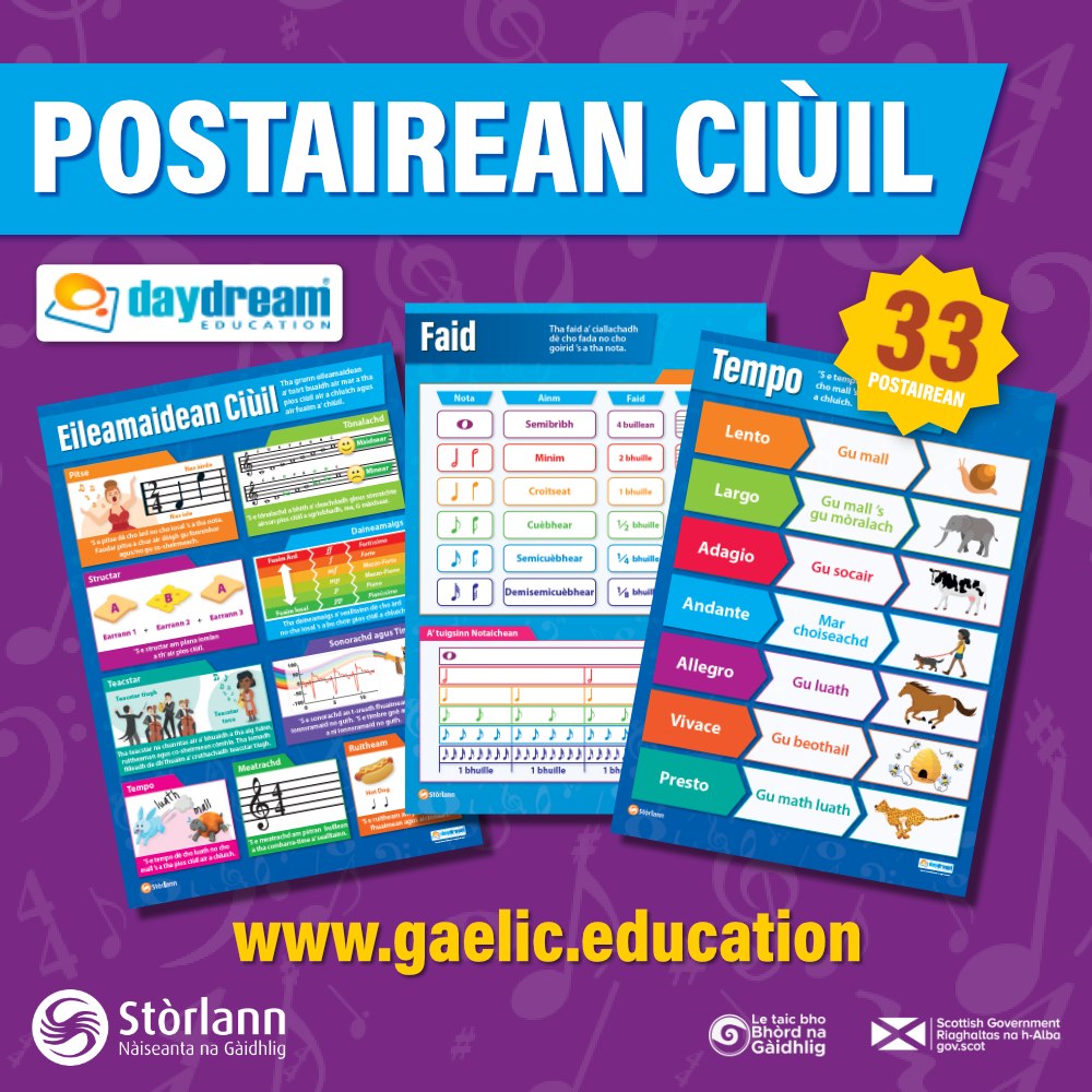 Postairean Ciùil
Chaidh na 33 postairean seo fhoillseachadh don dàrna/treas ìre le Stòrlann.
Cuideachd, le stiùir bho thidsearan, chaidh 5 de na postairean a chlò-bhualadh agus a chur gu sgoiltean.
gaelic.education
#Gàidhlig #cleachdi