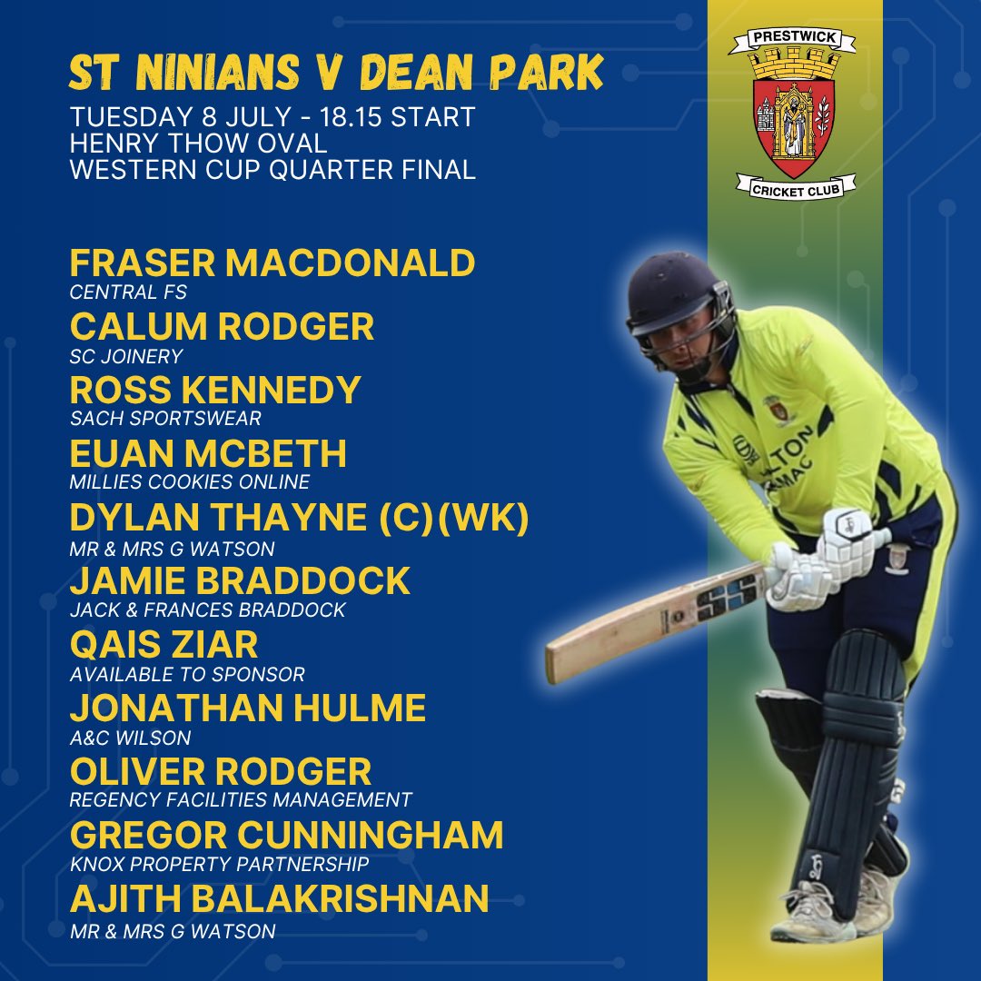 🏏 GAME DAY

St Ninians are on home soil tonight as we face Dean Park in the quarter finals of the Western Cup. 

#MTW