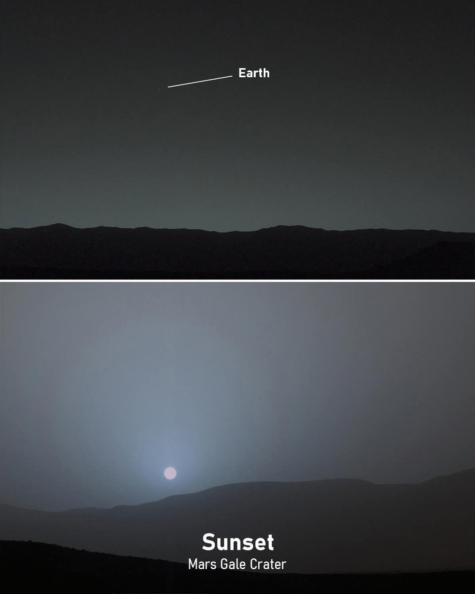 zone_astronomy's tweet image. Top Image: That tiny bright dot? That’s Earth — seen from the surface of Mars. A distant evening star shining in a Martian sky. A fragile blue world hanging in cosmic solitude.

Bottom Image: As the sun dips below the horizon in Gale Crater, Mars reveals its haunting beauty. The…