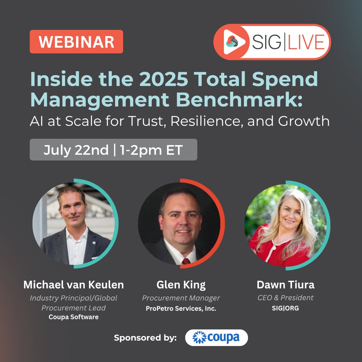 SIG|ORG (@siginsights) on Twitter photo What are top-performing companies doing to build trust, reduce risk & grow without more headcount?
Join Glen King (ProPetro Services) and Michael van Keulen with (<a href="/Coupa/">Coupa Software</a>) & our very own Dawn Tiura for insights from the 2025 Spend Benchmark.
🔗 go.sig.org/webinar-coupa-… What are top-performing companies doing to build trust, reduce risk & grow without more headcount?
Join Glen King (ProPetro Services) and Michael van Keulen with (<a href="/Coupa/">Coupa Software</a>) & our very own Dawn Tiura for insights from the 2025 Spend Benchmark.
🔗 go.sig.org/webinar-coupa-…