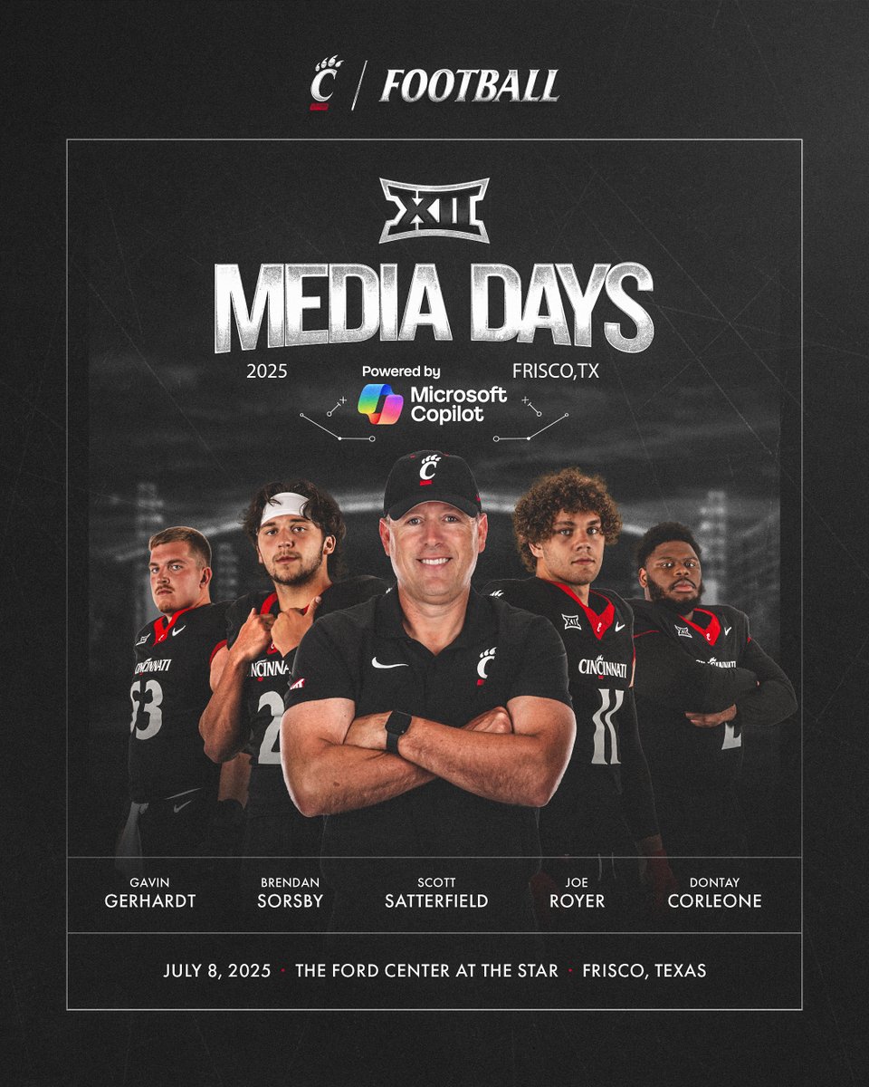 Cincinnati Football (@gobearcatsfb) on Twitter photo Reppin' the Bearcats all day at <a href="/Big12Conference/">Big 12 Conference</a> Media Days
<a href="/CoachSattUC/">Coach Satterfield</a>
<a href="/Brendan_Sorsby2/">Brendan Sorsby</a>
<a href="/JoeRoyer25/">Joe Royer 🤡</a>
<a href="/GavinGerhardt/">Gavin Gerhardt</a>
<a href="/dontaycorleone2/">Dontay Corleone</a> Reppin' the Bearcats all day at <a href="/Big12Conference/">Big 12 Conference</a> Media Days
<a href="/CoachSattUC/">Coach Satterfield</a>
<a href="/Brendan_Sorsby2/">Brendan Sorsby</a>
<a href="/JoeRoyer25/">Joe Royer 🤡</a>
<a href="/GavinGerhardt/">Gavin Gerhardt</a>
<a href="/dontaycorleone2/">Dontay Corleone</a>