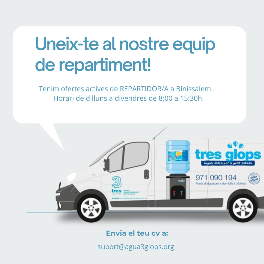 🚚 A 3 Glops cercam repartidor/a per unir-se al nostre projecte social i saludable!

Si t’agrada conduir, el tracte amb les persones i vols formar part d’una iniciativa compromesa amb la salut mental, aquesta és la teva!

📄 Més info a 3salutmental.com/3-glops-cerca-…