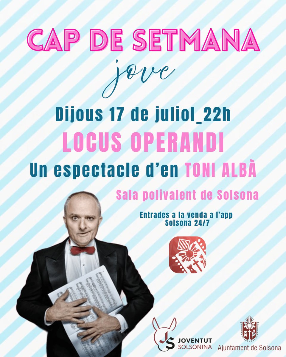 Un imitador que vol ser músic. Un músic que no vol ser imitador. Un imitador que imita un músic. 

Tot això ho imita l'imitador Toni Albà al seu espectacle "Locus Operandi" 

No t'ho perdis! 💥

📆 Dijous 17 de juliol
📍Sala polivalent de Solsona
🎟️ shorturl.at/BiHEq