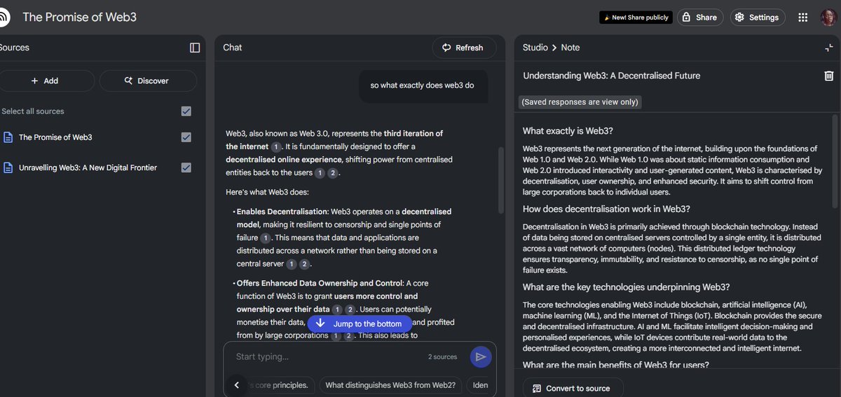 D.e.b.s.s.๐
(@debbrah_) on Twitter photo Tried NotebookLM as part of my #ALX_AiSK journey with <a href="/alx_africa/">ALX Africa</a> and itโs a game changer.
I uploaded two links about web3, it summarized them, helped with FAQs and even gave me a 4mins podcast on it.
Perfect for research, learning & content work!
#AItools Tried NotebookLM as part of my #ALX_AiSK journey with <a href="/alx_africa/">ALX Africa</a> and itโs a game changer.
I uploaded two links about web3, it summarized them, helped with FAQs and even gave me a 4mins podcast on it.
Perfect for research, learning & content work!
#AItools