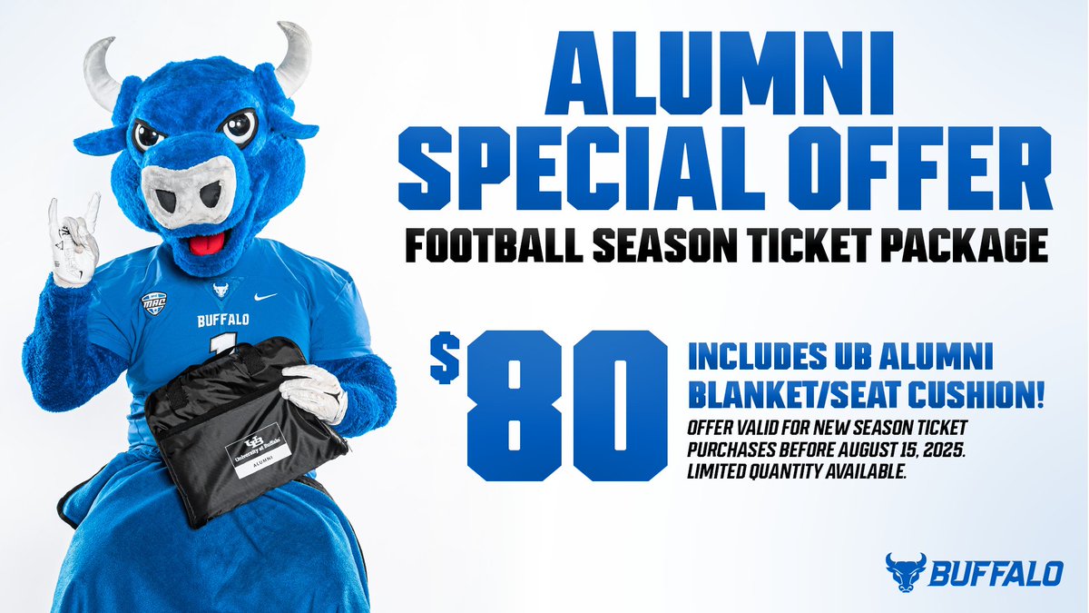 ubalumni's tweet image. Calling all #UBAlumni: Get #UBuffalo Football season tickets for $80—and snag a cozy alumni blanket/cushion while you’re at it! 🏈💙 Offer valid for new purchases through Aug. 15, 2025. Limited quantities available! ms.spr.ly/6017SFraJ