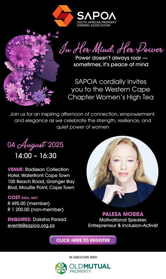 SAPOA Western Cape Women's High Tea 2025

🌸 In Her Mind, Her Power 🌸

Join us for the SAPOA Western Cape Chapter Women’s High Tea, an elegant afternoon of connection, empowerment and inspiration.

Register now: sapoa.org.za/event/sapoa-wo…

#SAPOAWesternCape #WomensHighTea