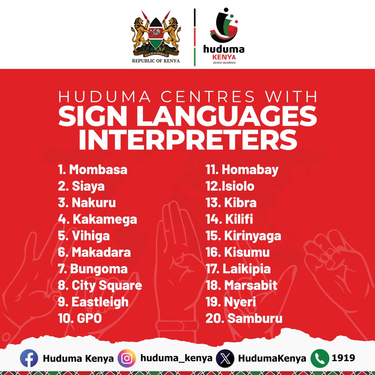 Accessibility matters. Sign language interpreters are ready to help at select Huduma Centres. Huduma kwa wote.