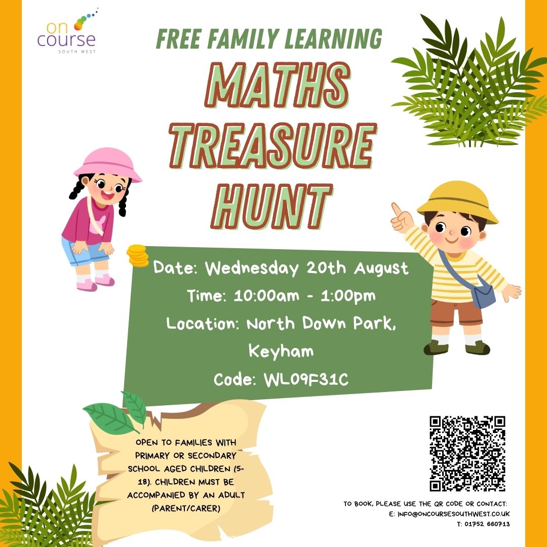 OnCourseSW's tweet image. We are running 2 Treasure hunts this summer:

Wednesday 20th August
10am-1pm
North Down Park
Course code WL09F31C

Thursday 28th August
10am-1pm
Southway Community Centre
Course code WL09F41E

👉ow.ly/c7z450WkUaW

#FamilyLearning #FreeSummerFun #Plymouth