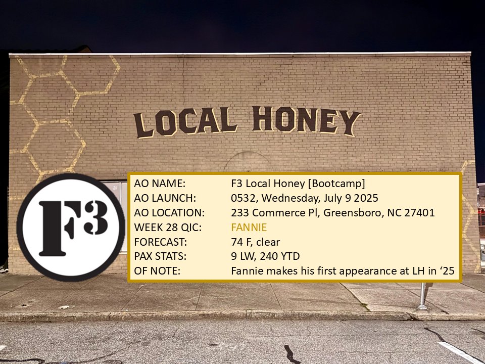 Get your fannie out of bed and join <a href="/mrjustinwsmith/">Justin Smith</a> aka F3 Fannie tomorrow at Local Honey! SYITG <a href="/F3Greensboro/">F3 Greensboro</a>