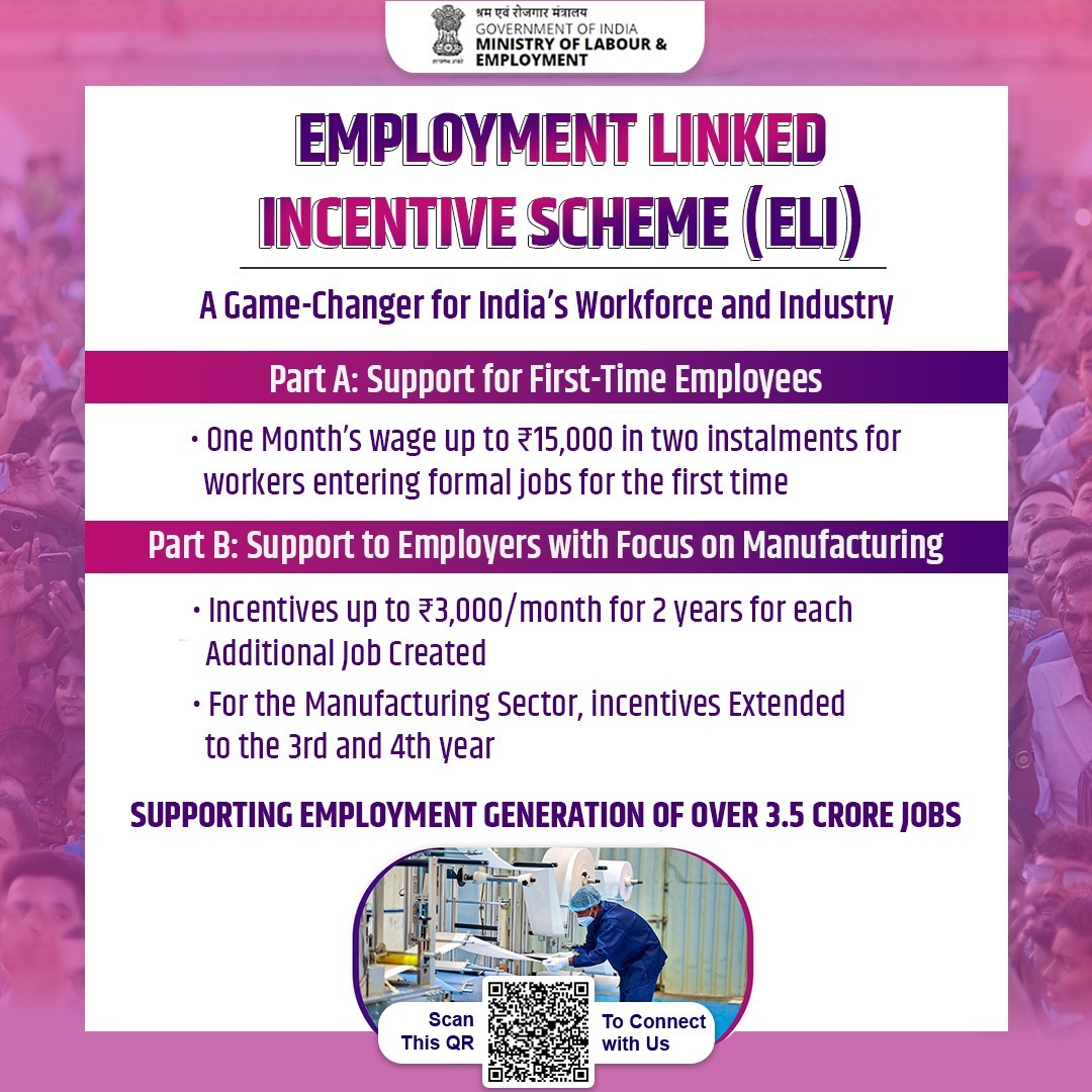 The Employment Linked Incentive (ELI) Scheme rewards employers for creating Formal Jobs and supporting First-Time Workers, a big step toward Inclusive Growth and a Resilient Workforce.

#ELI4ViksitBharat