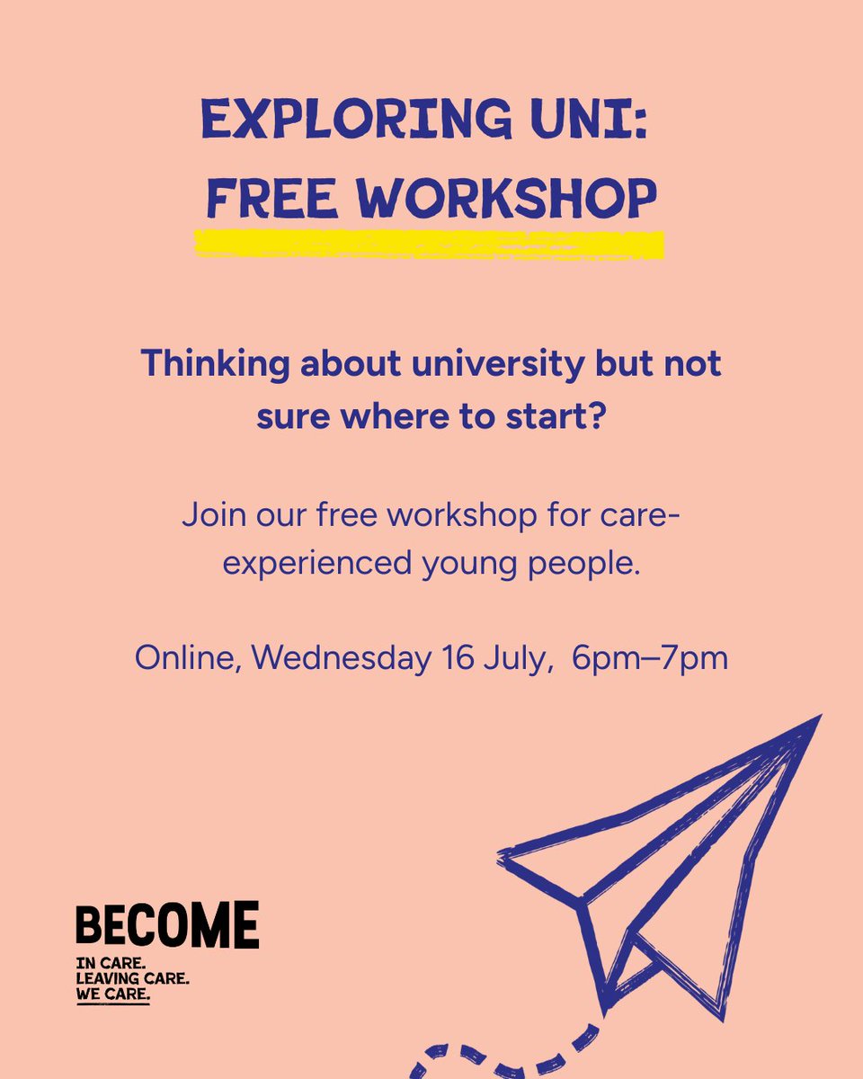 BecomeCharity's tweet image. Thinking about university but not sure where to start? This session is designed for care-experienced young people exploring their options for higher education.
Find out more & book here: loom.ly/QXF0EKM
#University #UCAS #StudentFinance #LocalAuthority #CareExperience