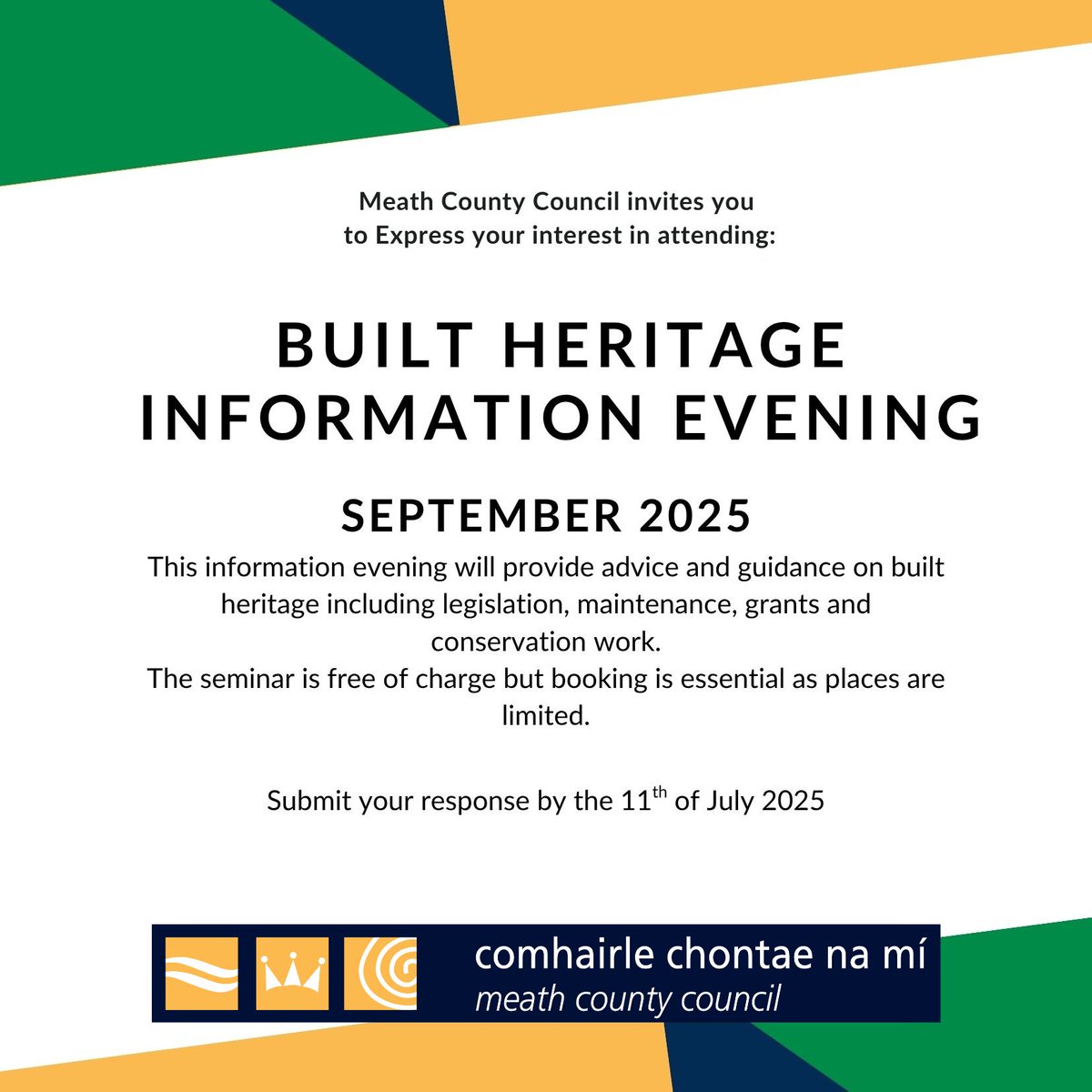 Meath County Council (@meathcoco) on Twitter photo Meath County Council will be hosting a Built Heritage Information Evening in September 2025 (specific date TBC), we are currently accepting expressions of interest for this event until Friday, 11 July, at 5pm.
forms.office.com/e/y87pDZxSth Meath County Council will be hosting a Built Heritage Information Evening in September 2025 (specific date TBC), we are currently accepting expressions of interest for this event until Friday, 11 July, at 5pm.
forms.office.com/e/y87pDZxSth