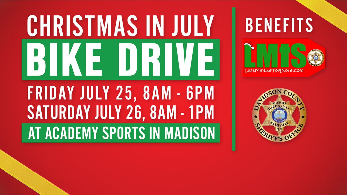 LastMinToyStore's tweet photo. 🎄🚲 Help spread holiday cheer early! Join the Christmas in July Bike Drive benefiting the Last Minute Toy Store.

📅 Friday, July 25 | 8 AM – 6 PM
📅 Saturday, July 26 | 8 AM – 1 PM
📍 At Academy Sports in Madison

Donate and make a difference: https://t.co/DGZj3PexUN https://t.co/pNnOPZSjoK