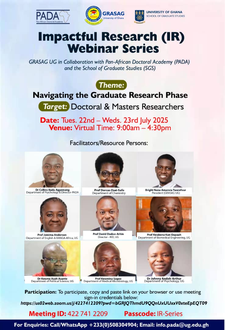PADA_UG's tweet photo. Join us! 🌟 Check out the exciting updates on "Impactful Research (IR) Webinar Series" and get involved! 🤝 Share with friends and family who might be interested! 👉 Link to learn more.
#universityofghana #ug_pada #grasag #schoolofgraduatestudies https://t.co/OlME8gji8f
