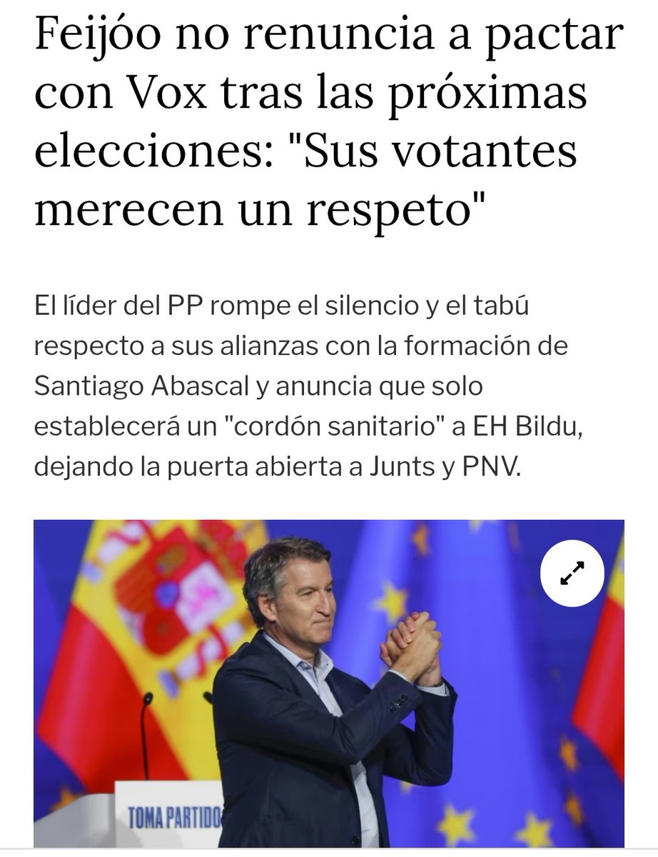 Vox propone que se expulse a 8 millones de migrantes.
El PP necesita a Vox para gobernar y Feijoo ya adelantó que pactaría con ellos.
Vox confirma que para pactar, el PP tiene que comprometerse a esas expulsiones.
Luego el PP expulsará a los migrantes.
Xenofobia de manual