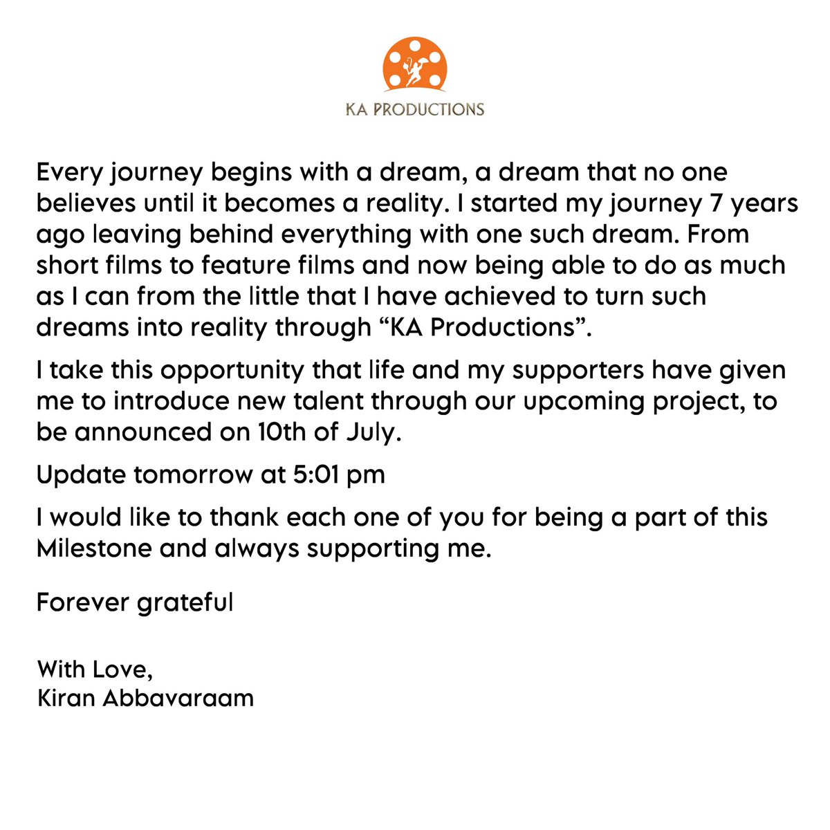 Itschavan's tweet photo. A promise to support newcomers dreams coming true has been made... 

@KA_Productions_ brings a new bunch of talented people to TFI to achieve their dreams...so proud of you @Kiran_Abbavaram bro ❤️❤️❤️…

So happy to be a part of this new chapter.. https://t.co/YyRrbTr5CY