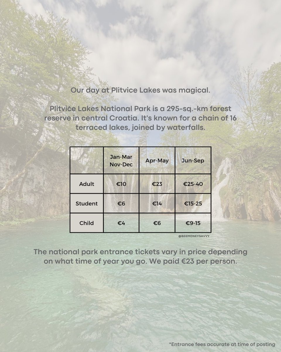 Back in April/May I went travelling for 8 nights around Croatia &amp; Slovenia. We visited Zagreb, Lake Bled, Ljubljana, Plitvice Lakes &amp; Split for under £1,000.

Breakdown of costs:
✈️ Flights £81
🛌 Accommodation £264
🚘 Car £117
⛰️ Activities £290
🍽 Food &amp; drink £235
Total = £987