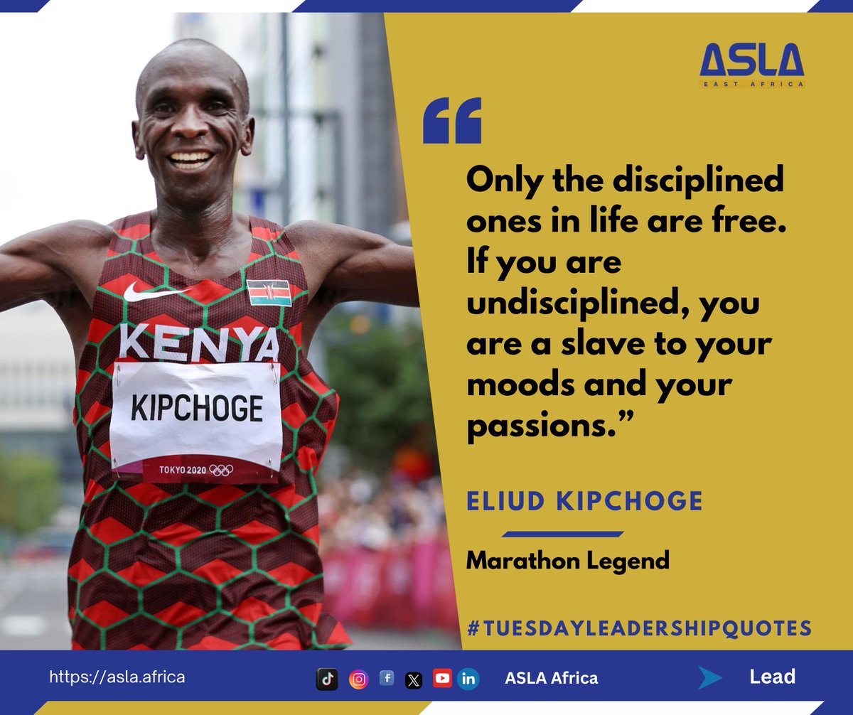 aslaafrica's tweet image. Discipline is the quiet force that liberates. Without it, we serve every fleeting urge, mistaking chaos for freedom." — Eliud Kipchoge
#ASLAAfrica #Lead #MindOverMood #fyp