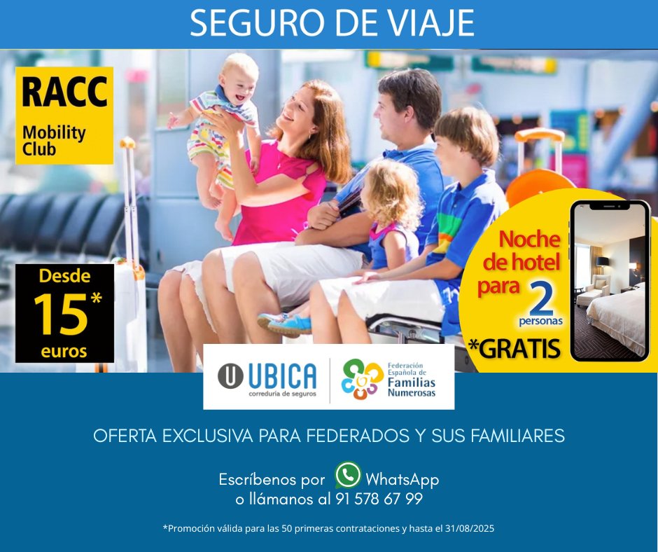 ¿Buscas un seguro de viaje? 🏖️🧳Si eres #familianumerosas y estás asociado a una de nuestras asociaciones, lo tienes al mejor precio y ¡con regalo! 🎁🛌 Tu seguro de viaje + hotel gratis para 2 personas. Aprovecha esta promoción exclusiva de #Ubica para nuestros socios 👇