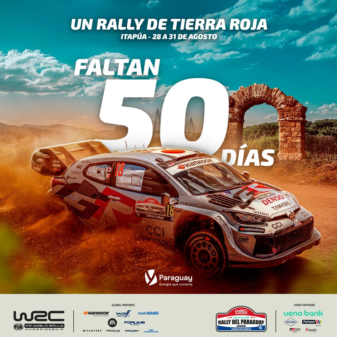 ⏳🔥 ¡La emoción se acelera!
Faltan 50 días para el Mundial de Rally en Paraguay.

📍Cada vez falta menos para vibrar en uno de los eventos más importantes del automovilismo mundial.

🏁 Prepará tu bandera ¡porque lo vamos a vivir a lo grande! 🇵🇾🤩