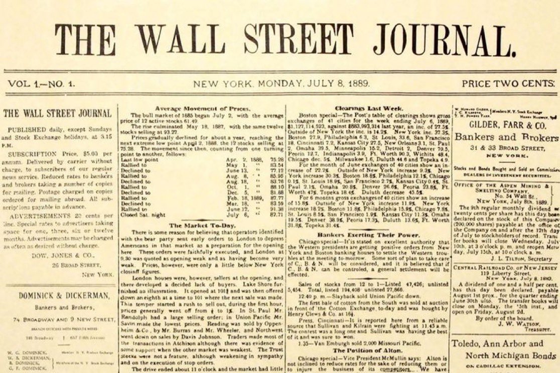 Sadie Gurman (@sgurman) on Twitter photo Today marks 136 years of The Wall Street Journal.
On July 8, 1889, <a href="/WSJ/">The Wall Street Journal</a> was first published by Charles Henry Dow, Edward Davis Jones and Charles Bergstresser from a small office in lower Manhattan. The newspaper was four pages long and sold for two cents. 
HBD, Cancer! 🥳 Today marks 136 years of The Wall Street Journal.
On July 8, 1889, <a href="/WSJ/">The Wall Street Journal</a> was first published by Charles Henry Dow, Edward Davis Jones and Charles Bergstresser from a small office in lower Manhattan. The newspaper was four pages long and sold for two cents. 
HBD, Cancer! 🥳
