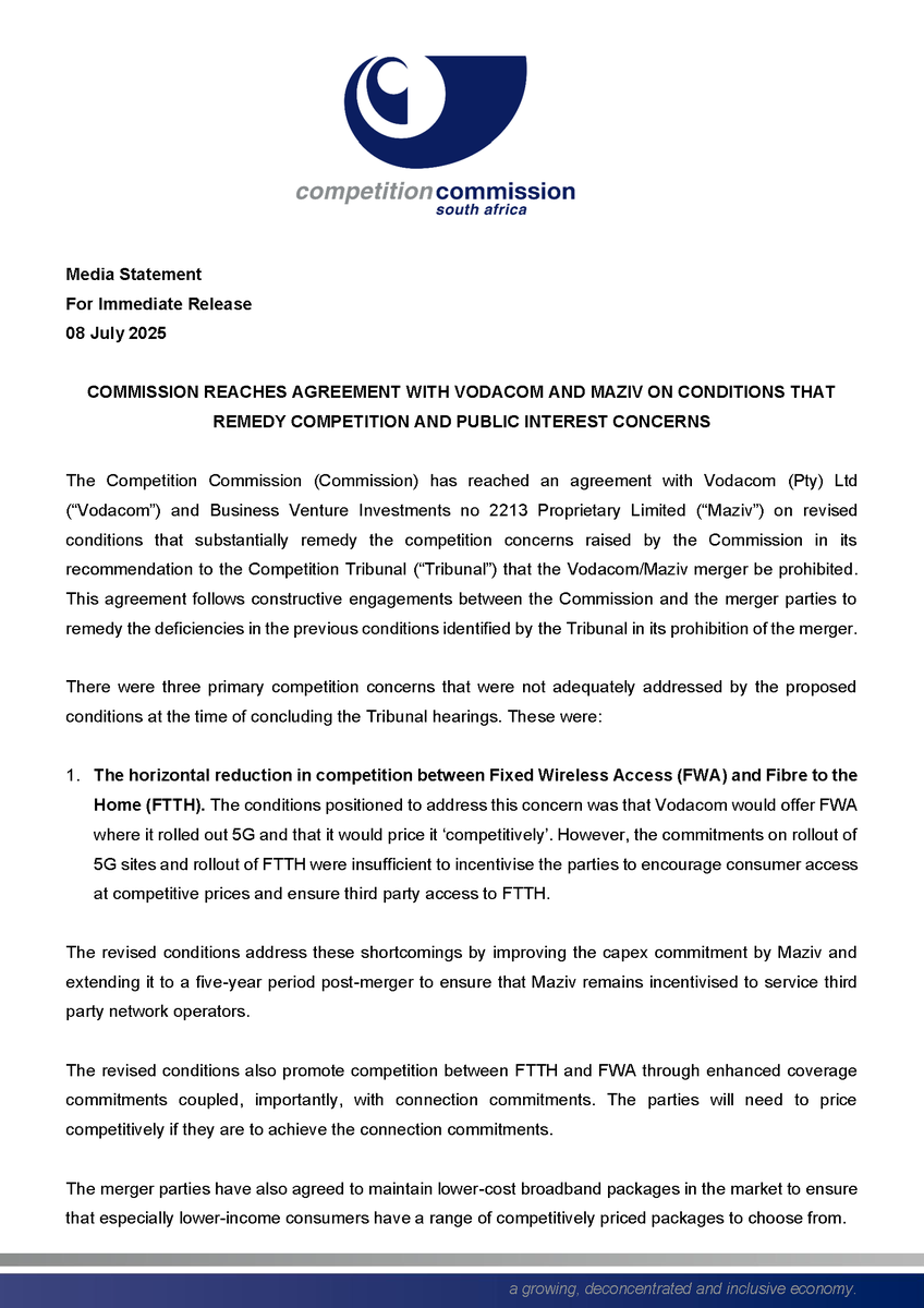 CompComSA's tweet photo. UPDATE: Following engagements between the Commission &amp; Vodacom/Maziv, we've reached an agreement with the merger parties on revised conditions that substantially remedy the competition concerns we raised in our recommendation to @comptrib to prohibit the transaction. https://t.co/3DpalVM8e7