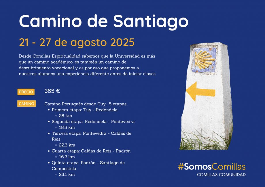 Te gustaría hacer el #CaminoDeSantiago⁉️Comillas Espiritualidad te da la oportunidad de vivir la experiencia🔝

🗓️Del 21 al 27 de agosto podrás realizar el Camino Portugués desde Tuy en 5 etapas 👇

✍️Inscripciones abiertas hasta el 13 de julio: eventos.comillas.edu/137146/detail/…

Anímate‼️
